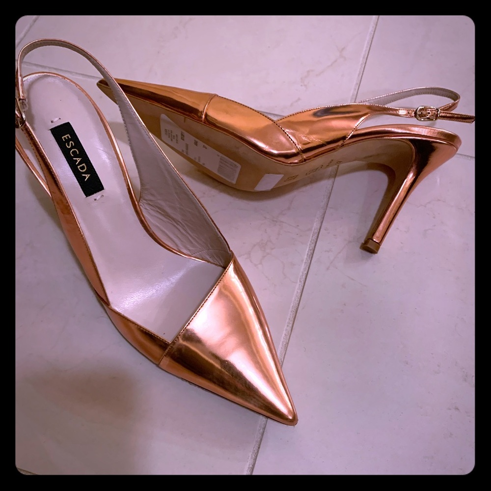 Never Used, Escada Bronze 3 1/2 inch Sling Backs